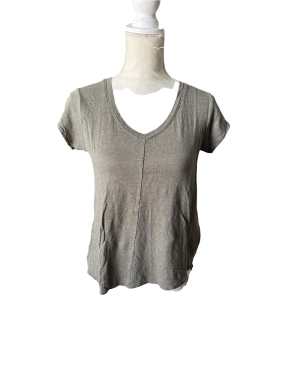 Women's Tahari Green Short Sleeve V-Neck Linen T-Shirt S